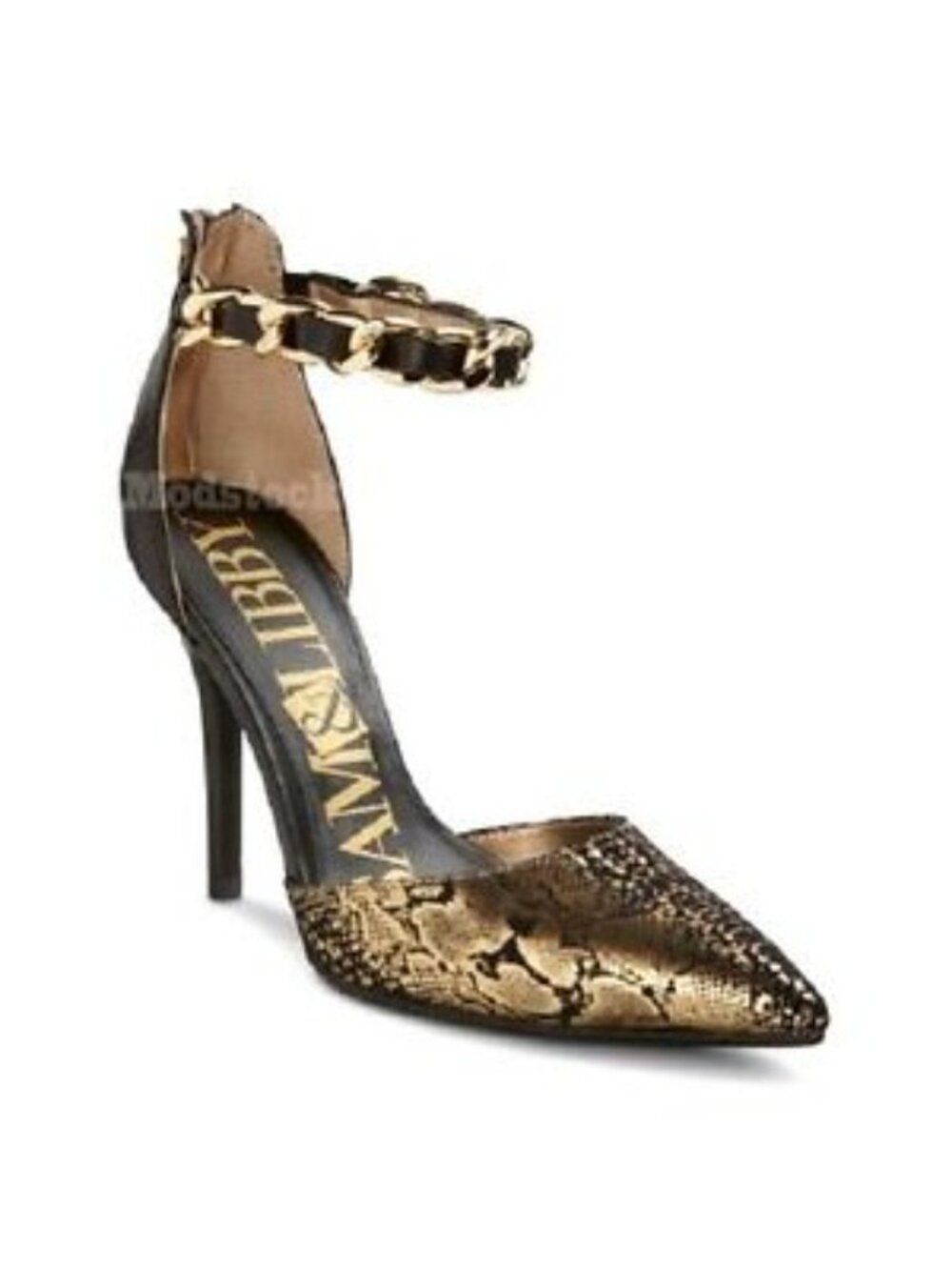 Sam & Libby Black/Gold Snake Print Ankle Chain Stiletto Heels Pumps Women's Sz 8 - Picture 13 of 13